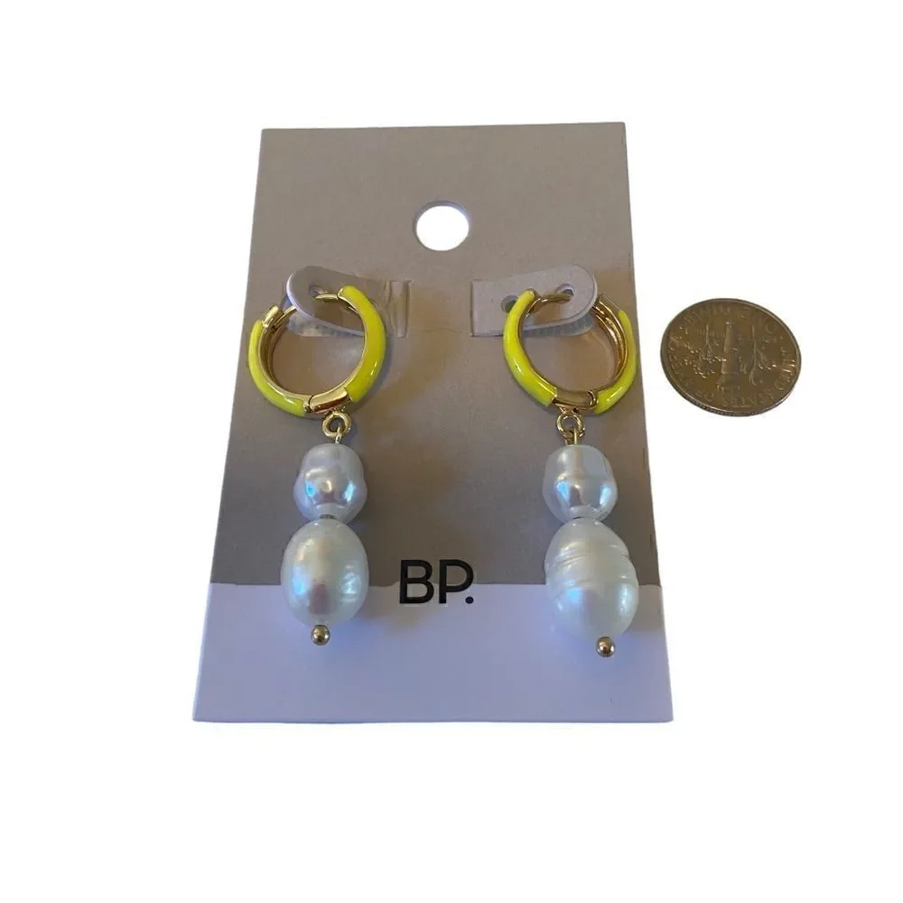 BP  Small yellow & gold tone hoops with double drop faux pearls.